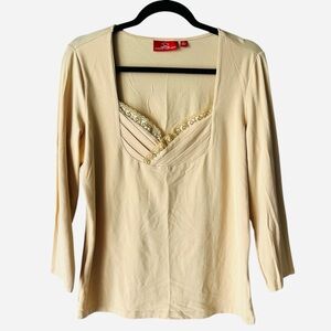 Oscar De La Renta Lace Trim Long Sleeve Cotton Top XL Apricot Beige